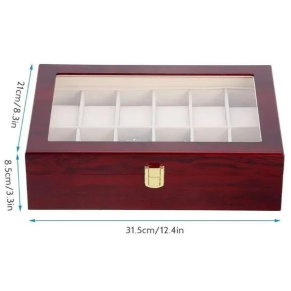 Cherry Watch Display Box, 12 Compartment Glass Top - Picture 3 of 9